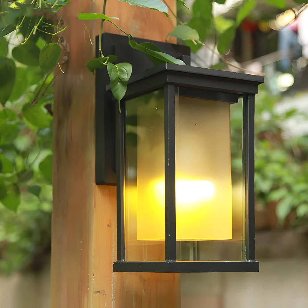 Black Square Outdoor Wall Lantern with Double Glass Shade-Homelova