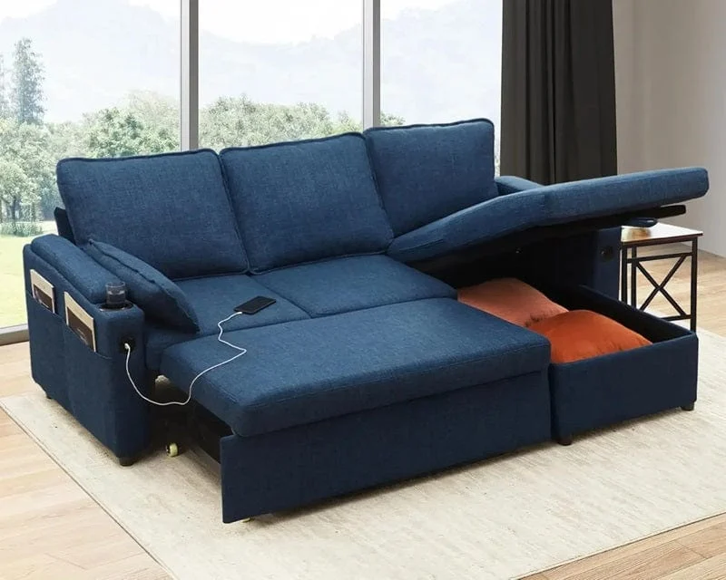 2-in-1 Sleeper Sofa Bed with Storage, USB & Cup Holder-Homelova