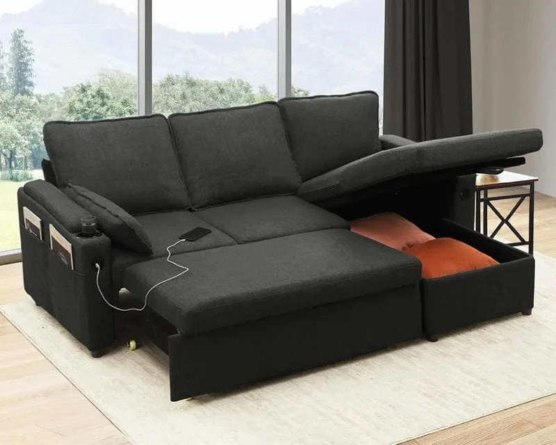 2-in-1 Sleeper Sofa Bed with Storage, USB & Cup Holder-Homelova