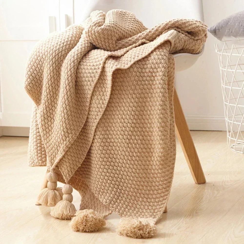 Knitted Wool Blanket with Fringe-Homelova