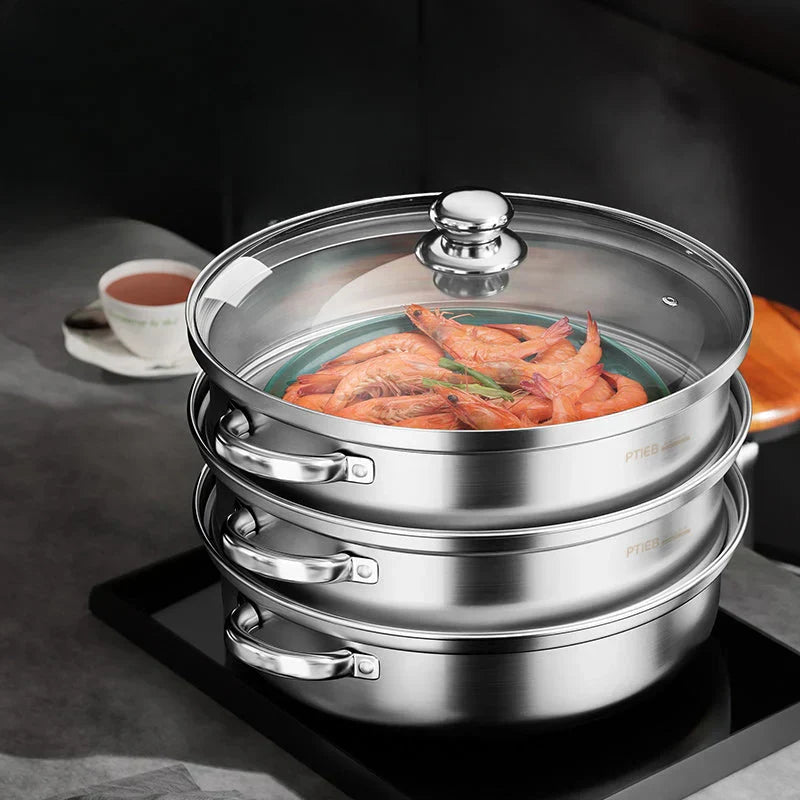 3 - Layer Stainless Steel Steamer with Glass Lid and Handles-Homelova