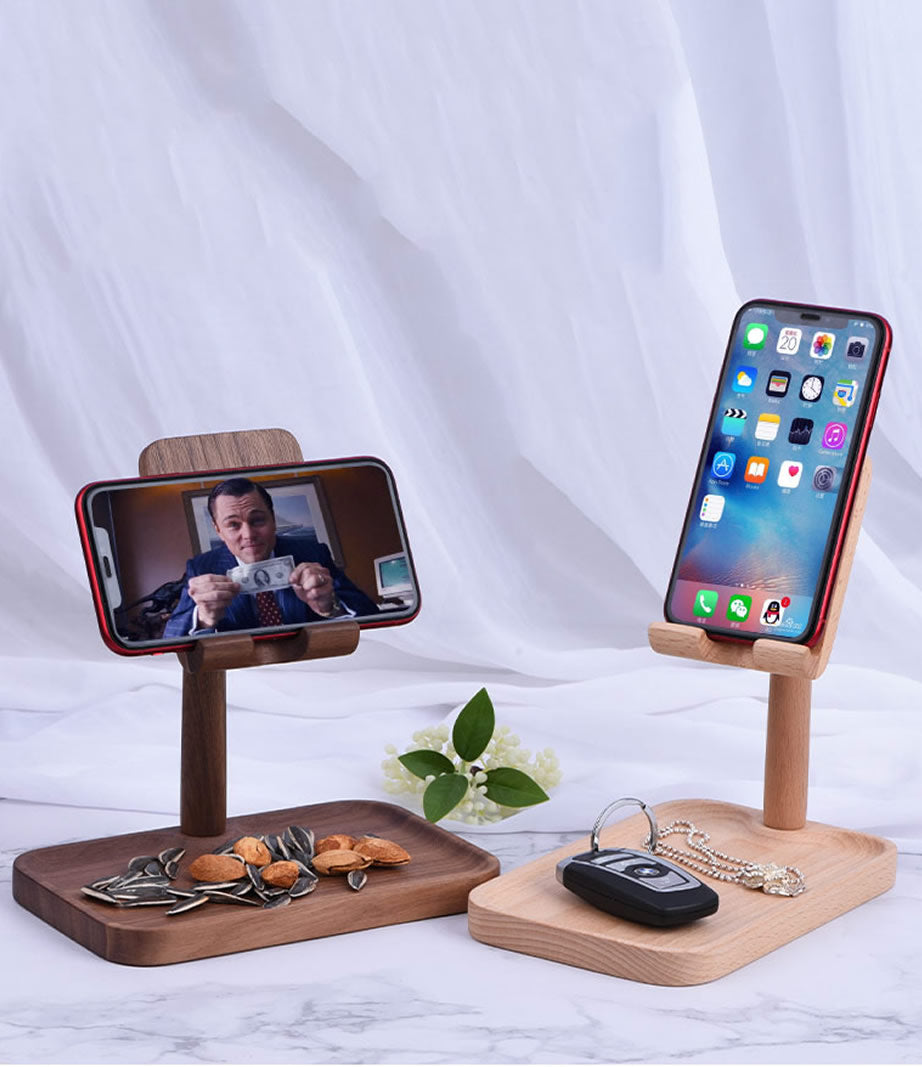 180 Degree Rotatable Wooden Mobile Phone Holder With Storage Tray-Homelova