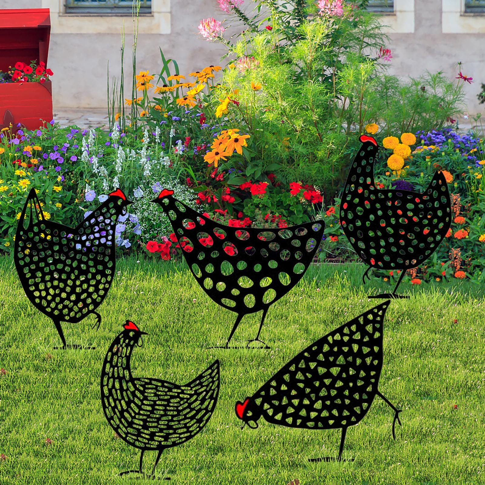 Decorative Metal Chickens - Garden Plug Set for Outdoor Use-Homelova
