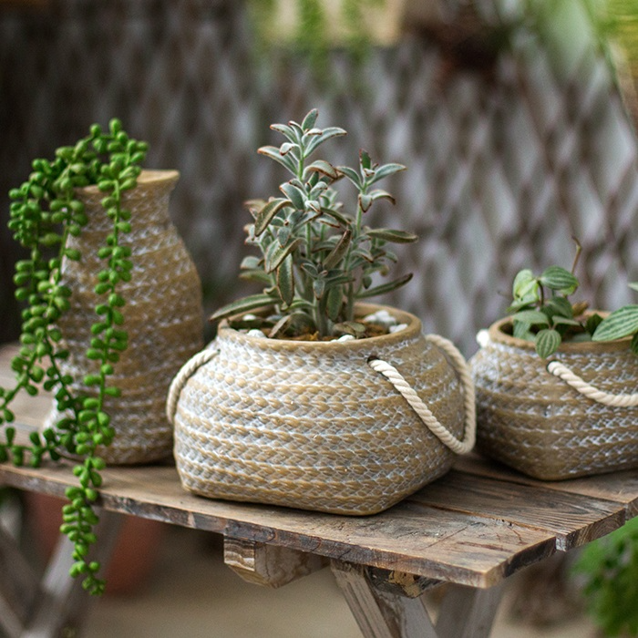 Ceramic Plant Pot in Hemp Bag Design with Rope Handles - Decorative Flower Pot for Garden and Home-Homelova