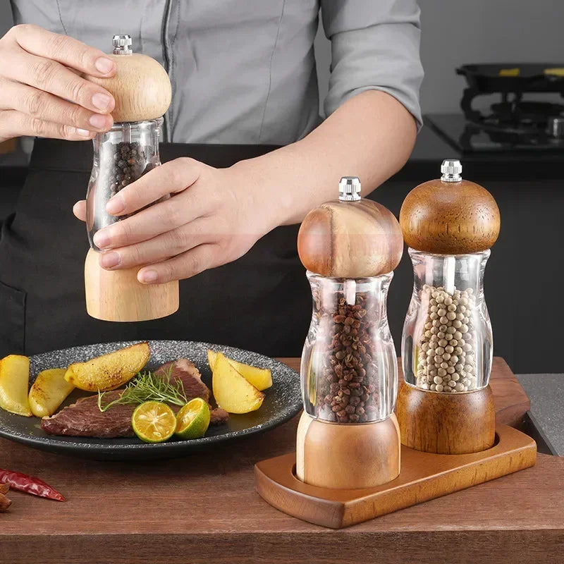 Pepper Mill And Salt Mill Set Made Of Wood And Glass - Stylish Spice Mills For The Kitchen-Homelova