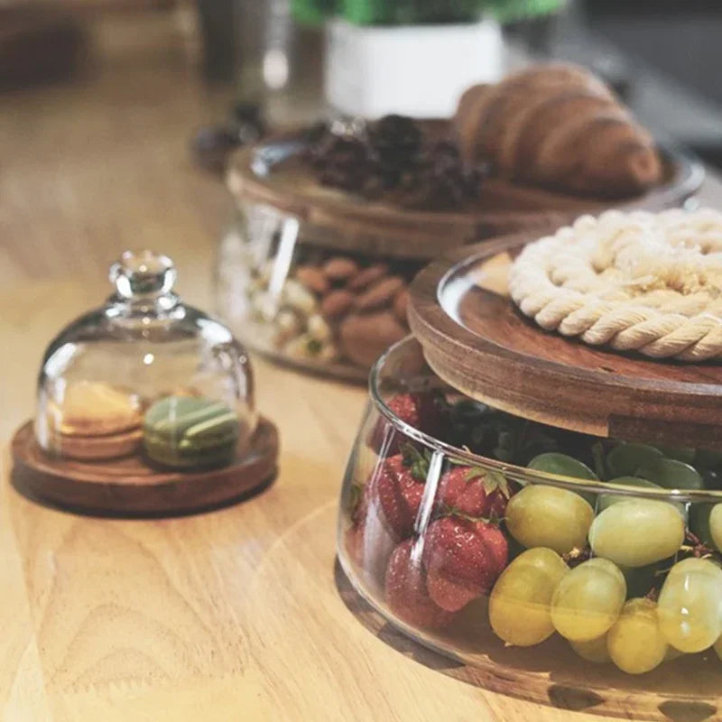 Glass Bowl With Wooden Lid - Sturdy Storage Bowl For Snacks And Sweets-Homelova