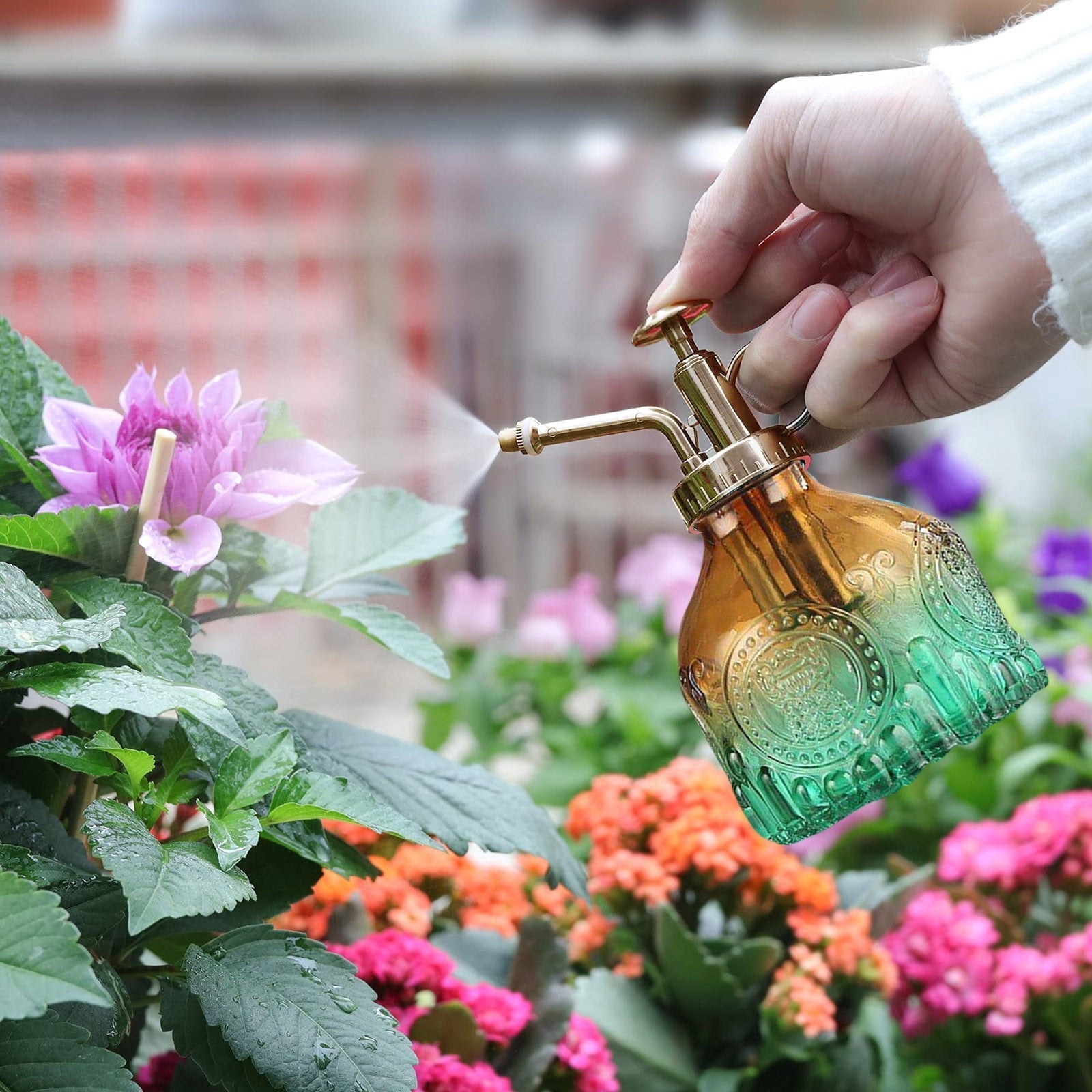 Embossed Glass Bottle with Metal Nozzle - Plant Sprayer for Watering Flowers in a Vintage Design-Homelova
