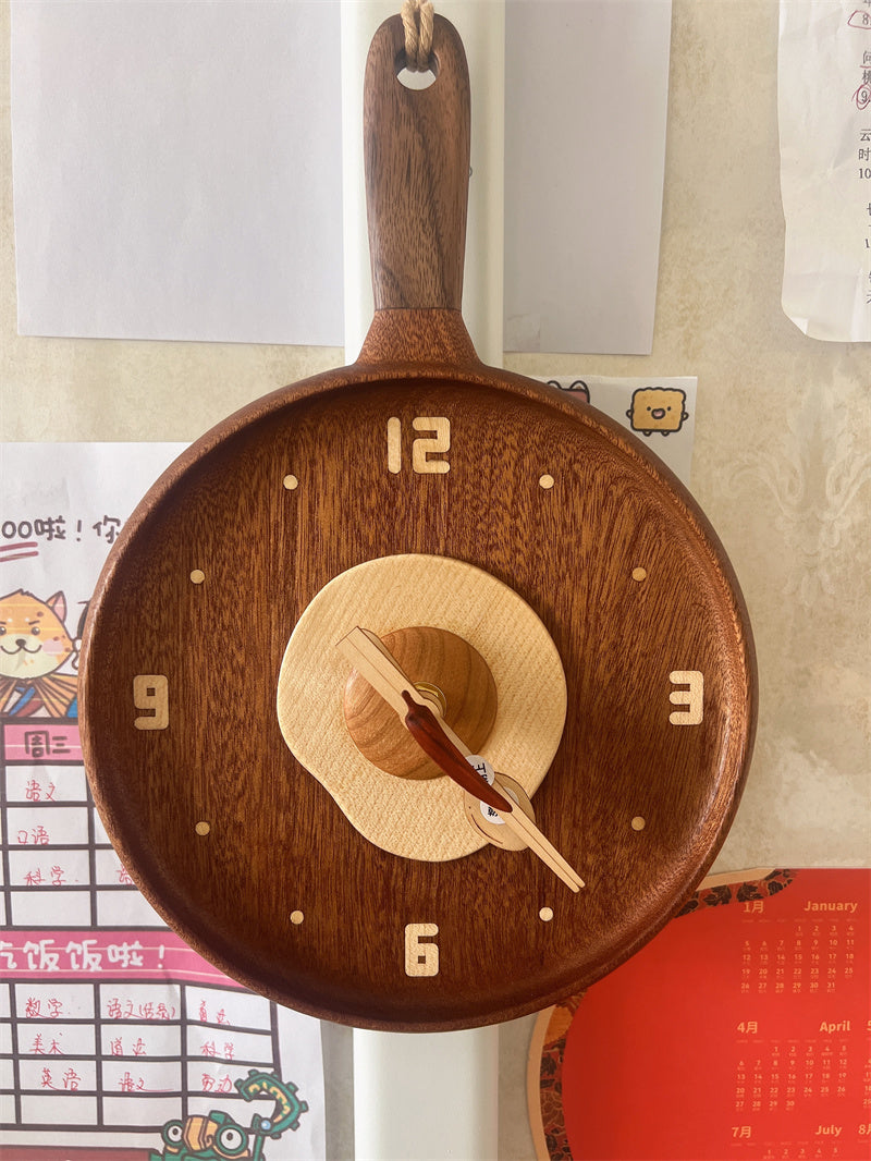 Whimsical Pancake Pan Wall Clock - Funny Wooden Kitchen Art-Homelova