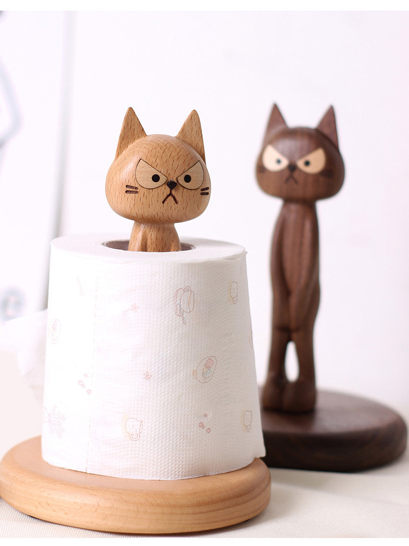 Angry Cat Wooden Roll Paper Holder, Alternative Art Desktop Decoration-Homelova