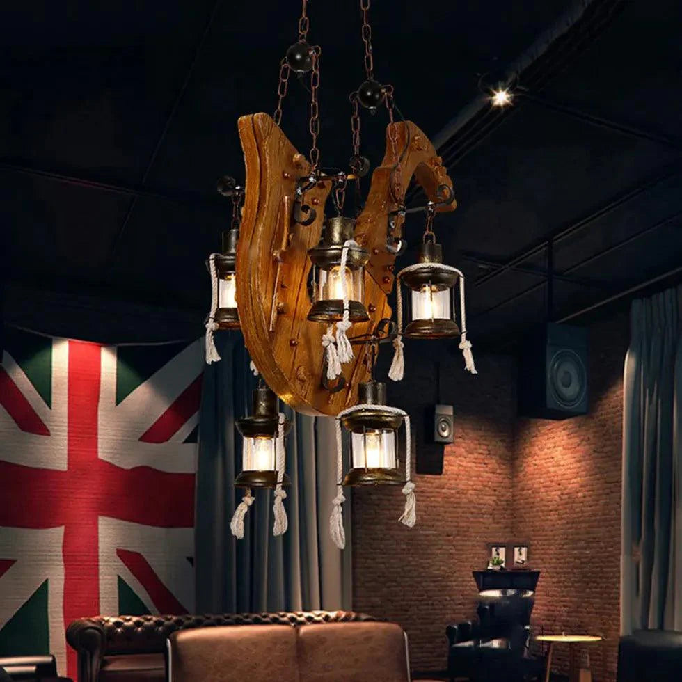 Anchor-Shaped Wooden Vintage Lantern Pendant Light-Homelova
