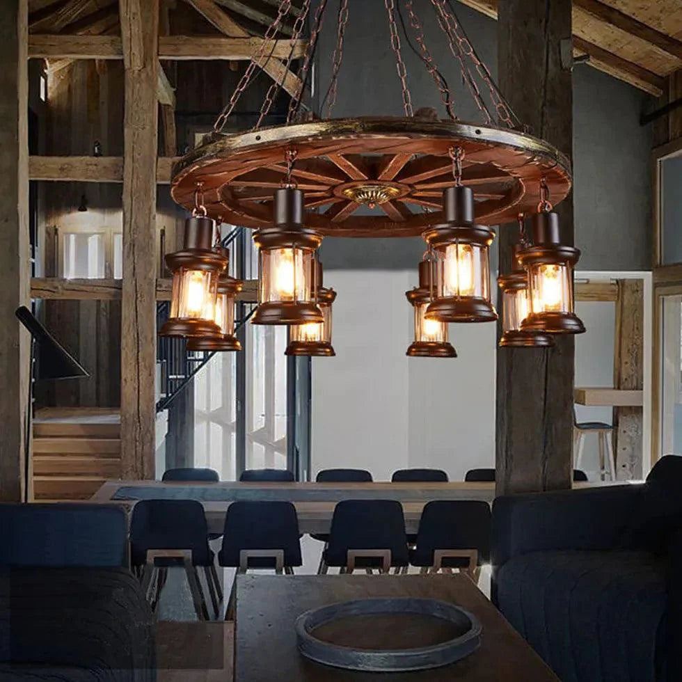 Wheel-shaped Wooden Industrial Pendant Light-Homelova