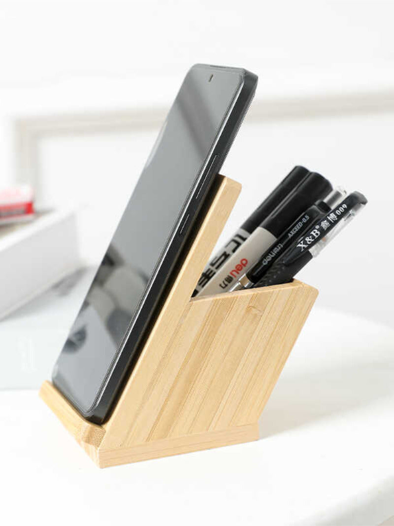 Bamboo Angled Desk Pen Holder with Phone Stand,Office Organizer-Homelova