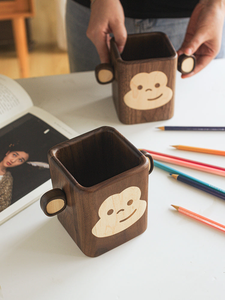 Big-Eared Monkey Wooden Pen Holder, Creative Desktop Organization, Fun Gift-Homelova