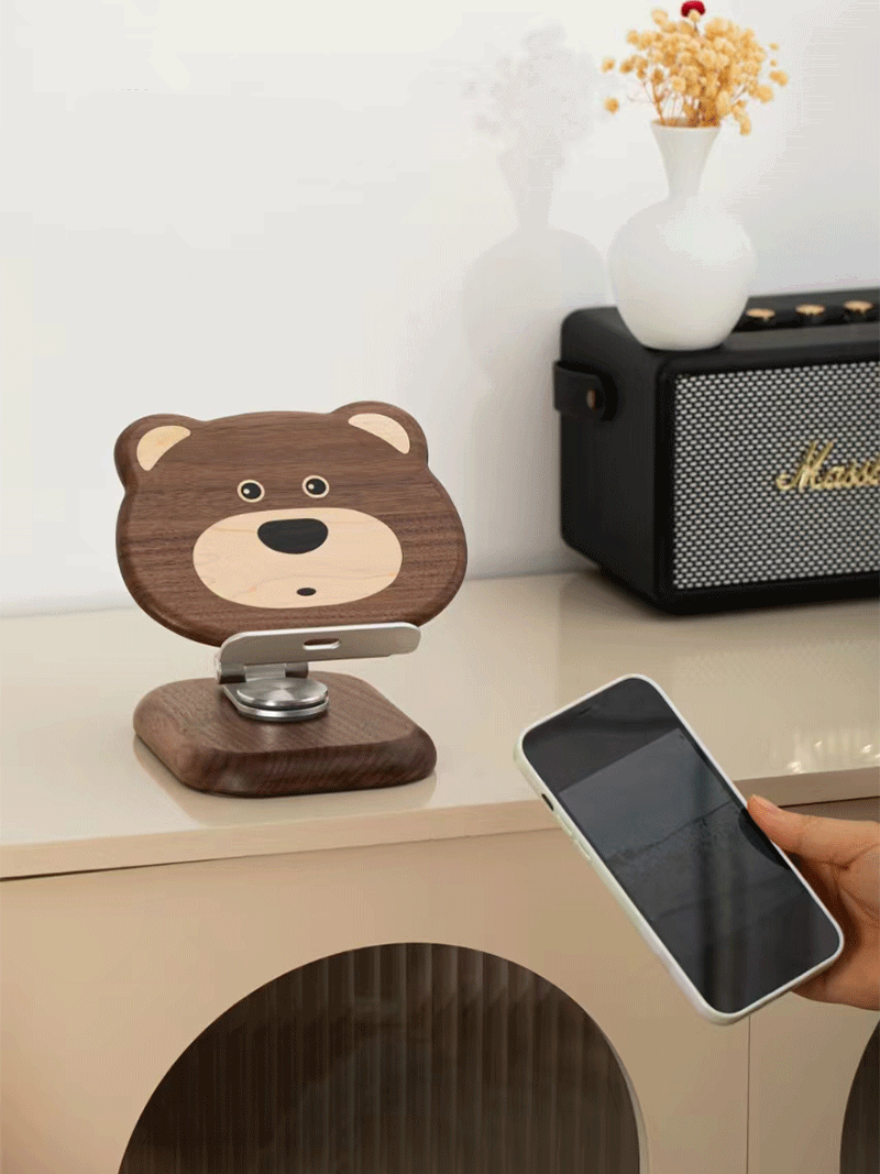 Black Walnut Bear Ipad Stand, Wooden Phone Holder ,Foldable Rotatable-Homelova
