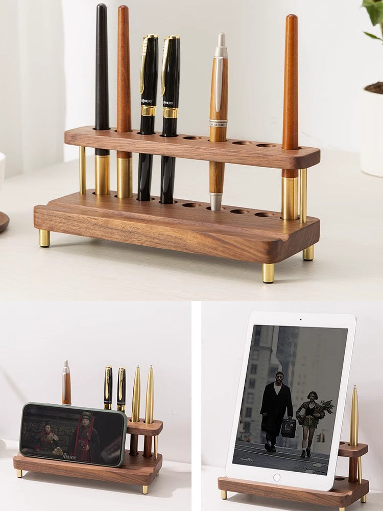Black Walnut Brass Pen Holder,Wood Phone Holder,iPad Stand Business Card Holder-Homelova
