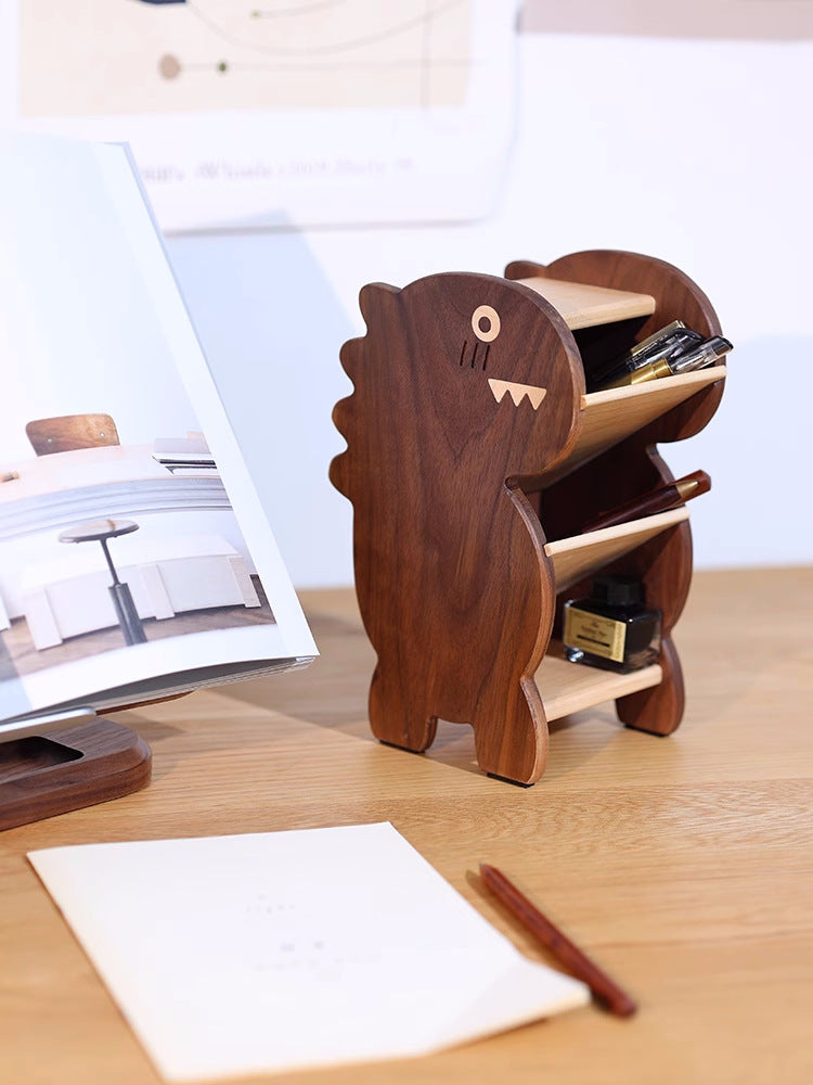 Black Walnut Dinosaur Multi-Layer Pen Holder - Wooden Office Supplies Organizer-Homelova