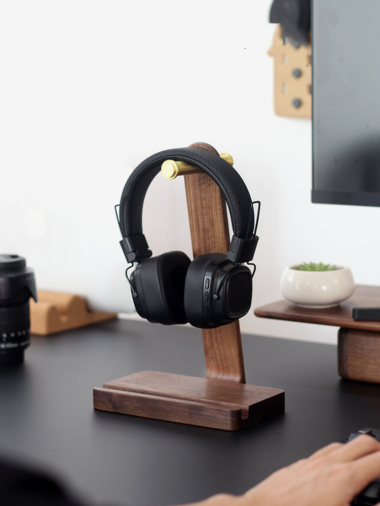 Black Walnut Wood Brass Headphone Stand with Phone Holder Slot-Homelova