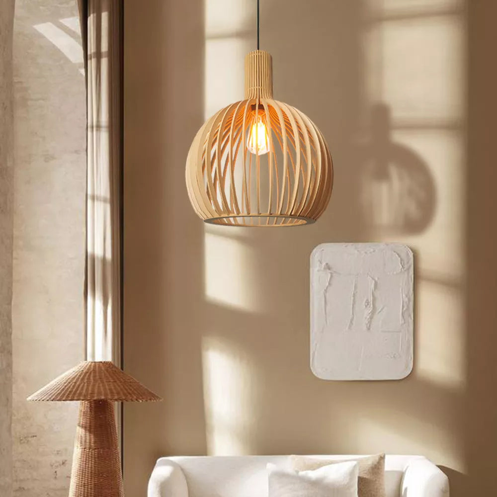 Spherical Wooden Frame Minimalist Modern Pendant Light-Homelova