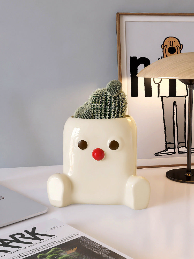 Ceramic Red-Nose Cartoon Planter: Cute Office Pen Holder-Homelova