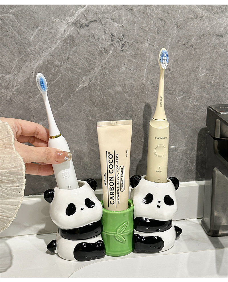 Ceramic Panda Toothbrush & Pen Holder - Playful Bamboo Bathroom Organizer-Homelova
