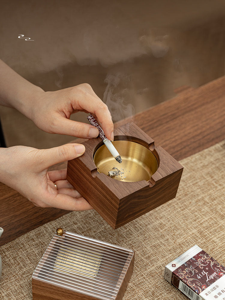 Classic Black Walnut Ashtray With Magnetic Absorption Box, Creative Gift-Homelova
