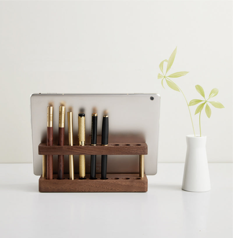 Classic Design Wooden Porous Pen Holder With Phone Holder, iPad Stand-Homelova