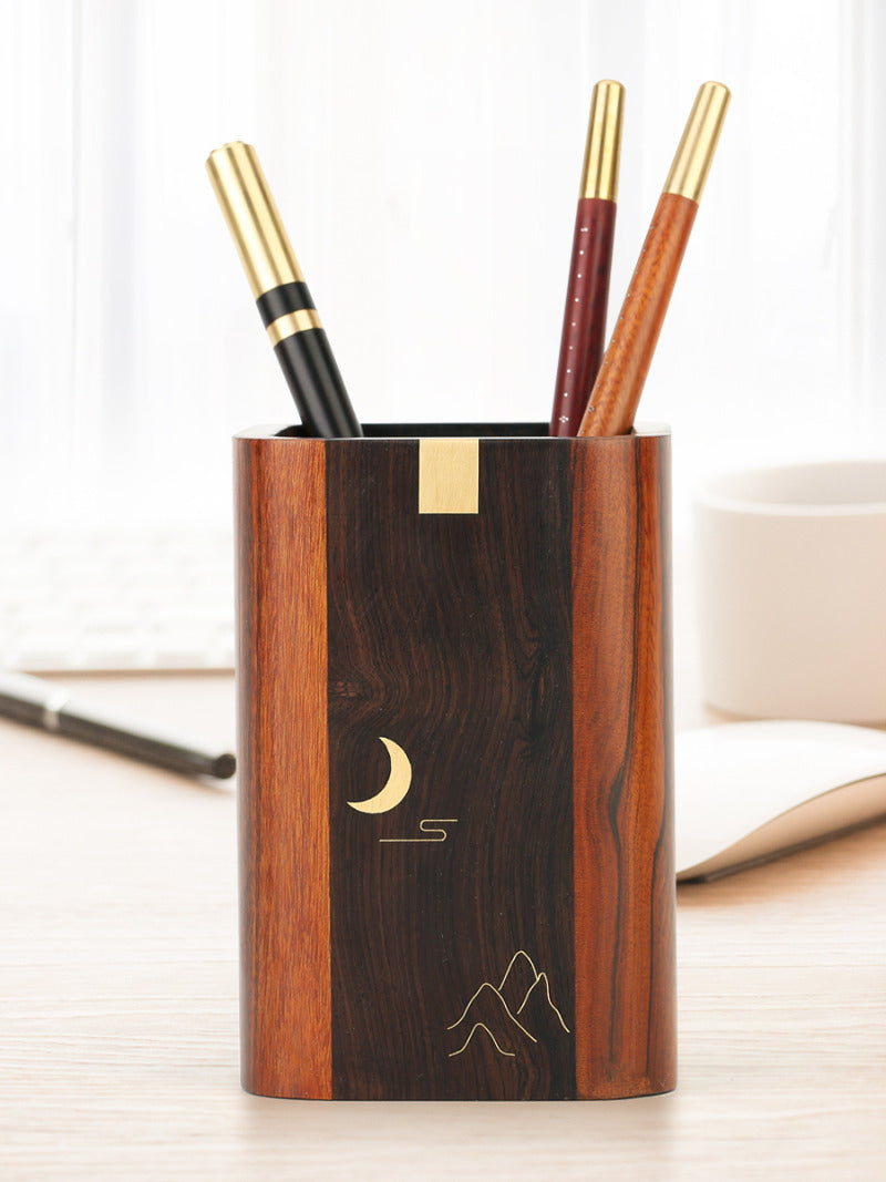 Classic Redwood moon pattern pen holder, office wood storage-Homelova