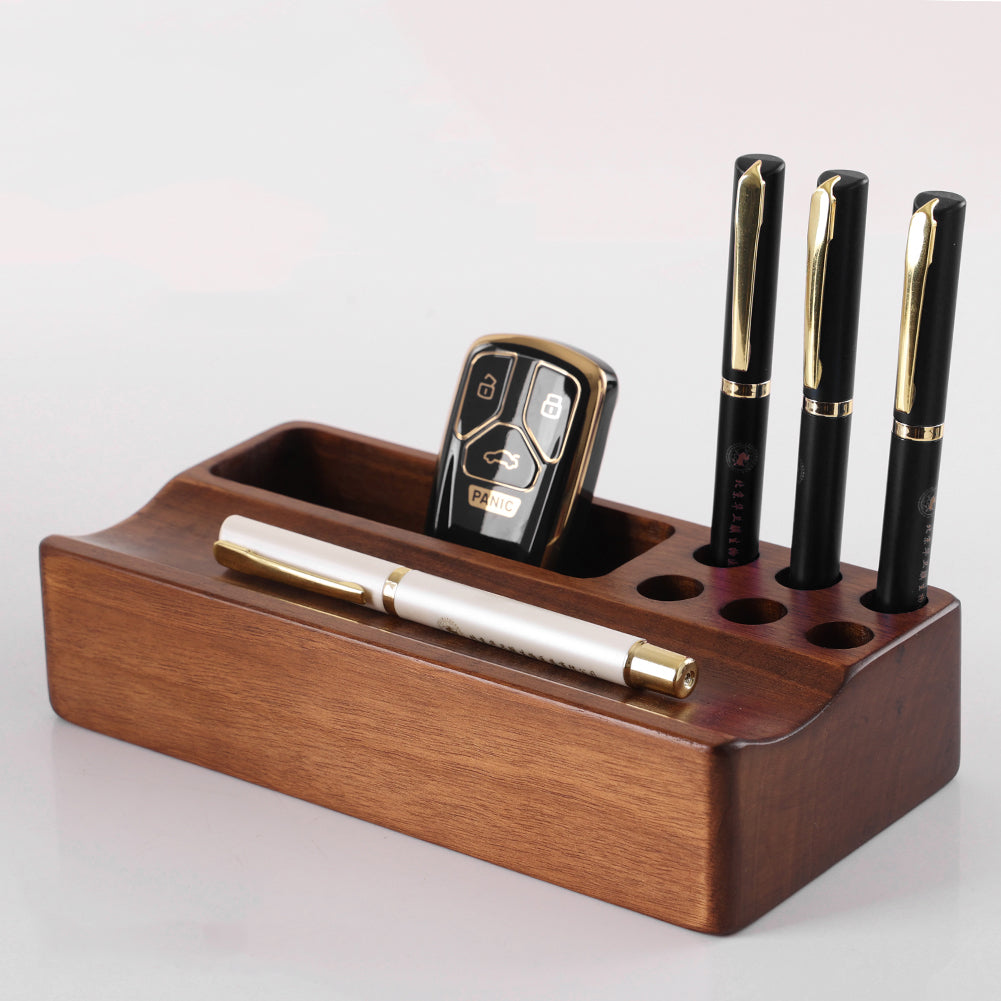 Classic Wooden Desktop Organizer Pen Holder - 6 Pen Slots and Small Storage Box-Homelova
