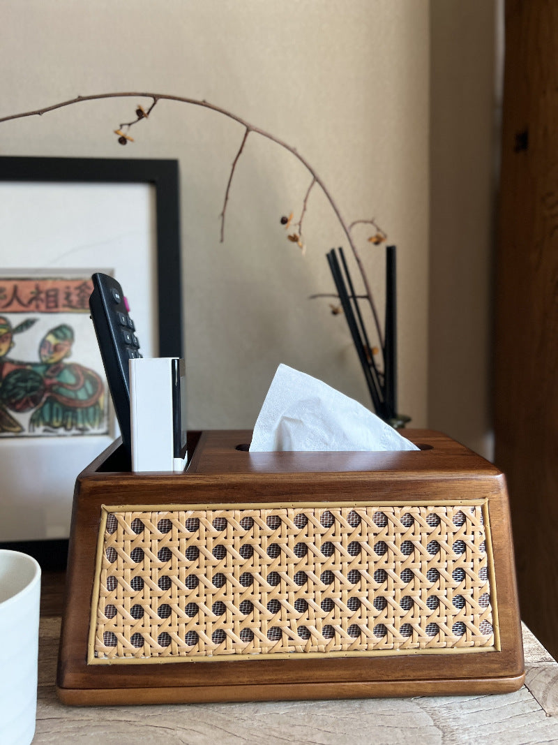 Classic Wooden Rattan Craft Tissue Box, Desktop Storage-Homelova