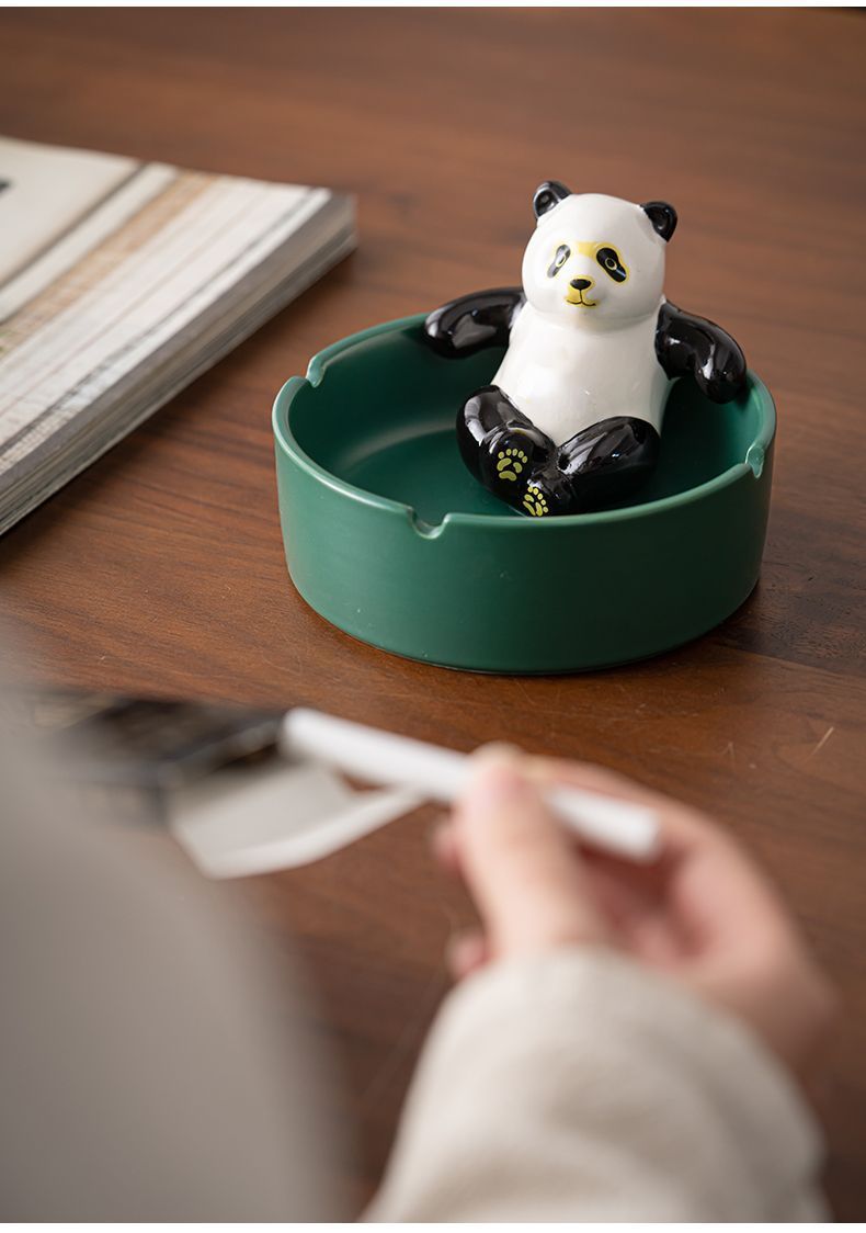 Cozy Panda Ceramic Ashtray,Small Office Desk Decoration-Homelova
