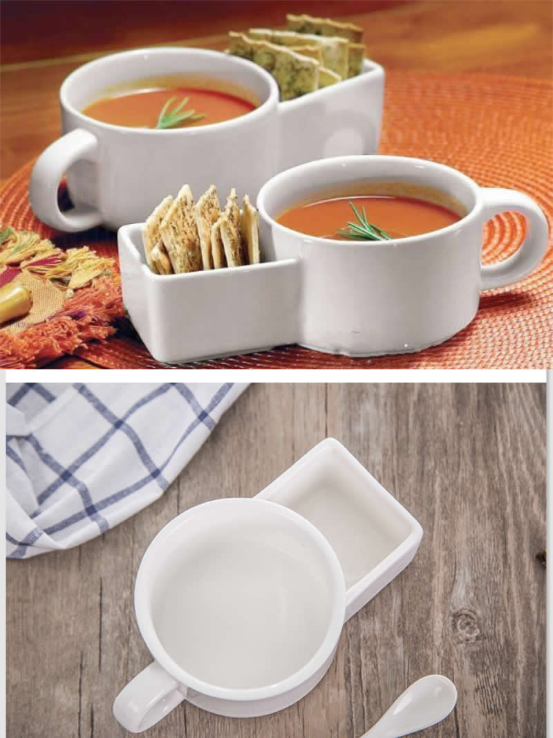 Creative ceramic soup cup bowl with biscuit holder-Homelova
