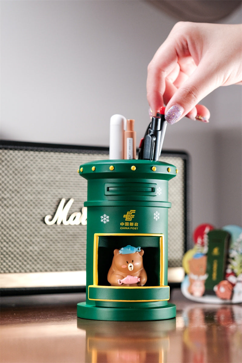 Creative Chinese Green Postal Mailbox Pen Holder: Unique Desk Organizer-Homelova