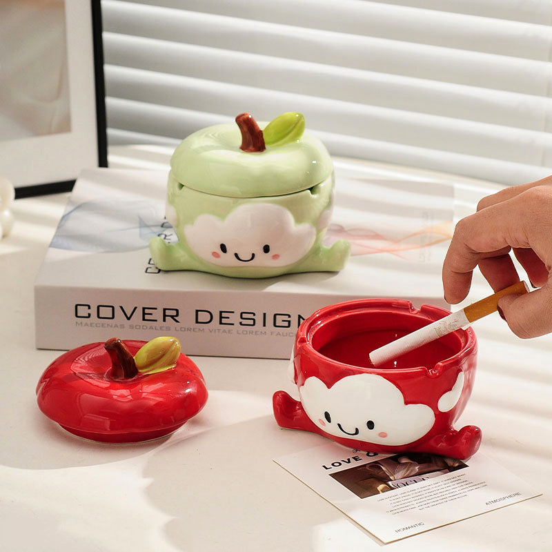 Cute Cartoon Apple Ceramic Ashtray - Playful Fruit-Shaped Smoking Accessory with Leaf Lid-Homelova
