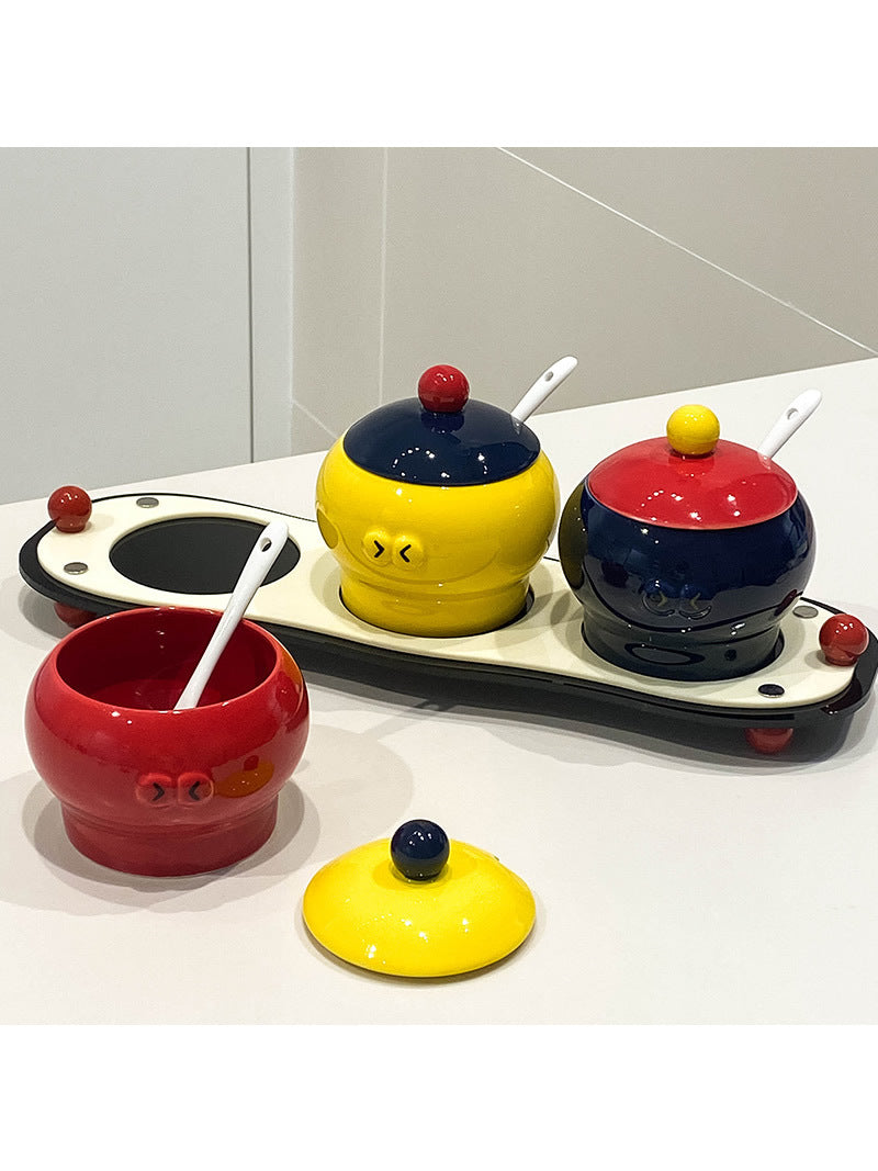 Cute cartoon multi-color kitchen spice jar, ceramic sugar bowl-Homelova