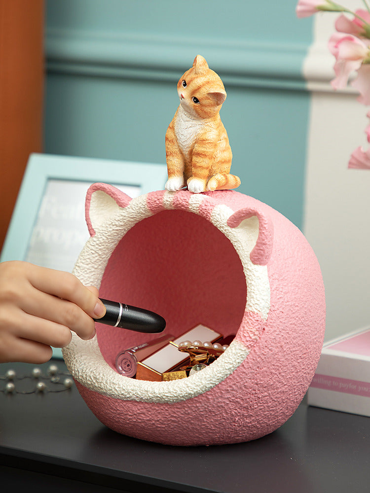 Cute Orange Cat Pink Bed Desktop Organizer Storage Rack-Homelova