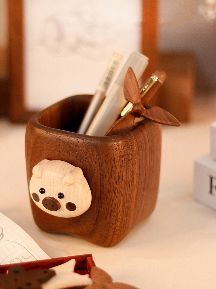 Cute Pig Face Wooden Pen Holder - Office Decor and Gift Idea-Homelova