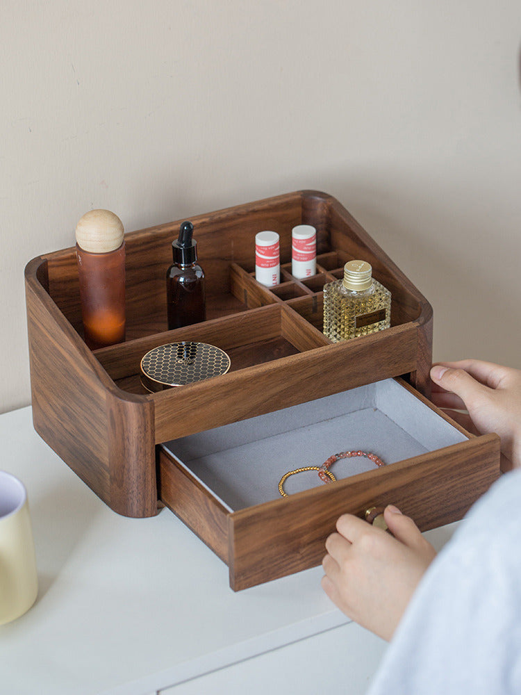Desktop Multifunctional Wooden Storage Box With Drawer,Black Walnut Design-Homelova