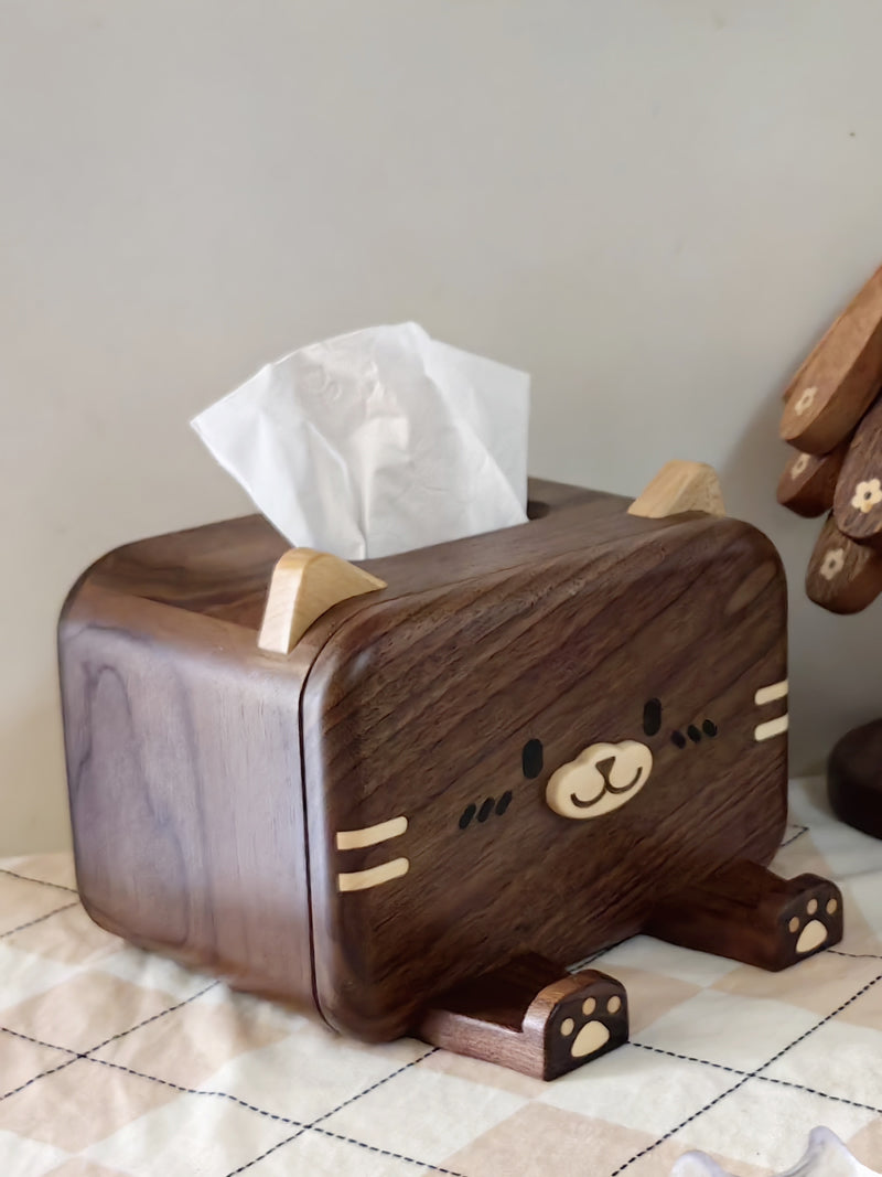 Exquisite Solid Wood Cat Tissue Box With Phone Holder, Creative Home Decoration-Homelova