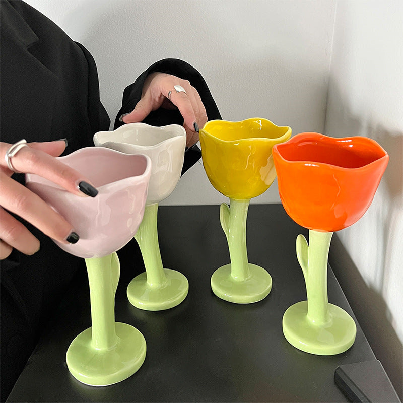 Exquisite Tulip Flower Ceramic Goblet, Wine Glass, Fashionable Home Decoration-Homelova