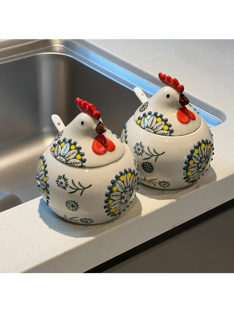 Funny Little Rooster Kitchen Spice Jar, Ceramic Sugar Bowl-Homelova