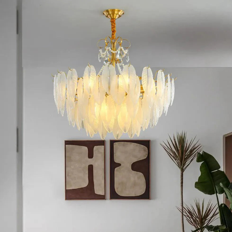 Golden Frame Translucent Glass Leaf Pendant Light-Homelova