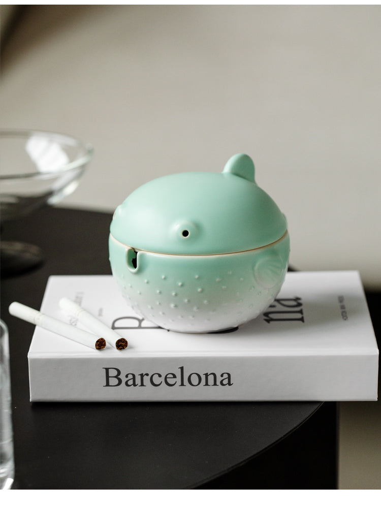 Green Small Pufferfish Ceramic Ashtray, Office Desktop Decoration-Homelova