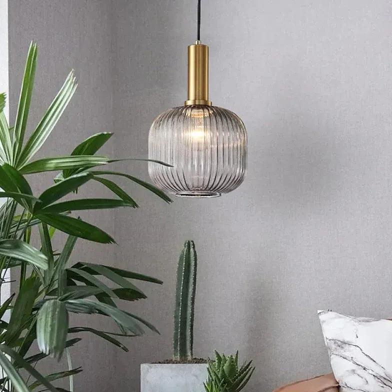 Vertical Striped Vintage Green Glass Pendant Light-Homelova
