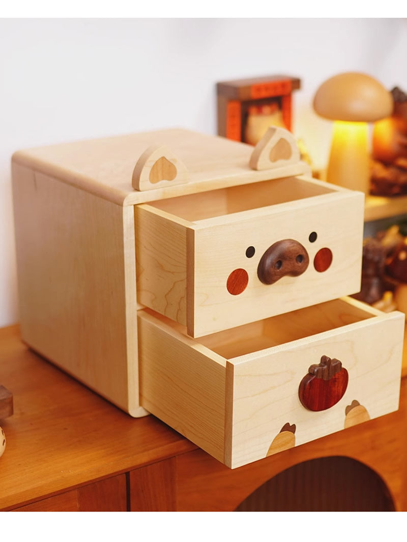 Happy Pig Wooden Desktop Organizer - for Office Supplies, Makeup, Small Items-Homelova