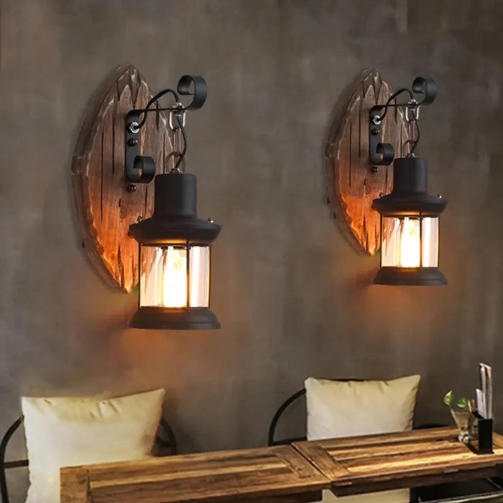 Lantern-Shaped Vintage Wooden Wall Light-Homelova