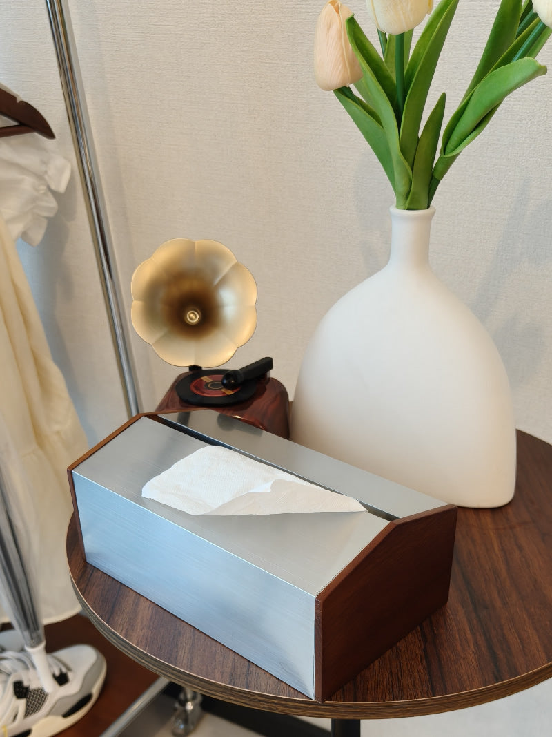 Modern Geometric Tissue Box - Stainless Steel & Wood Art Deco Home Organizer-Homelova