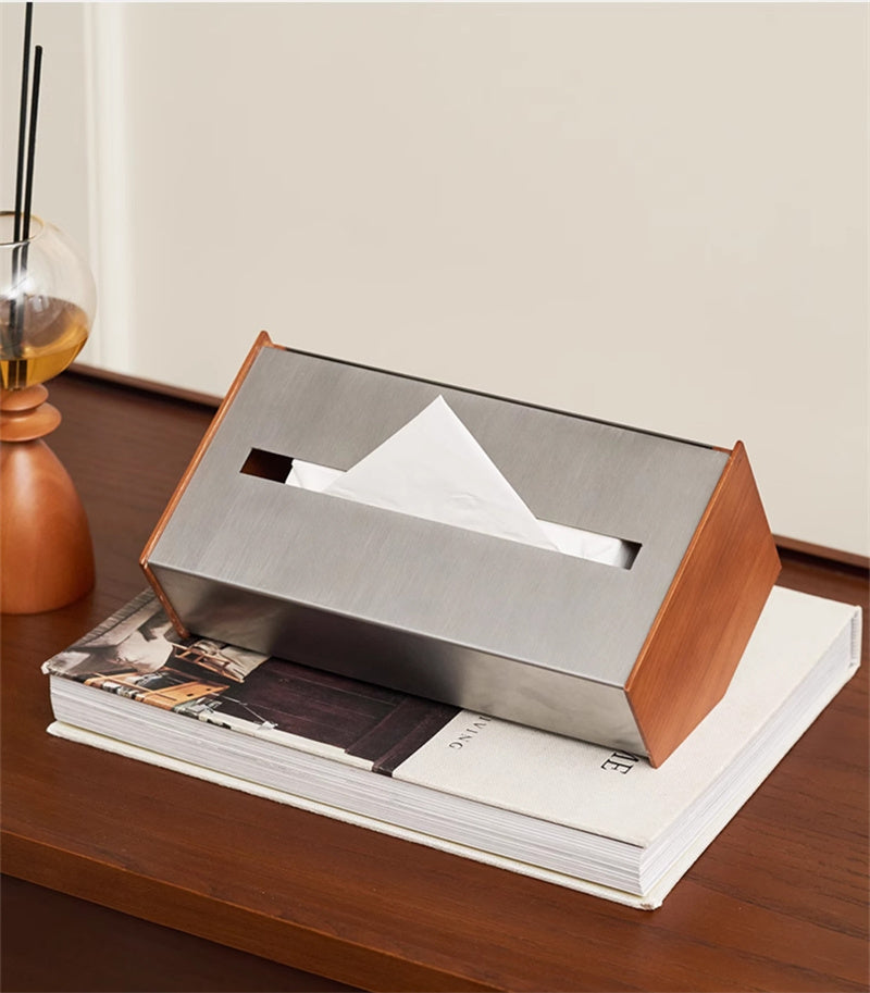 Modern Irregular Stainless Steel & Wood Tissue Box -  Home Office Desk Organizer-Homelova