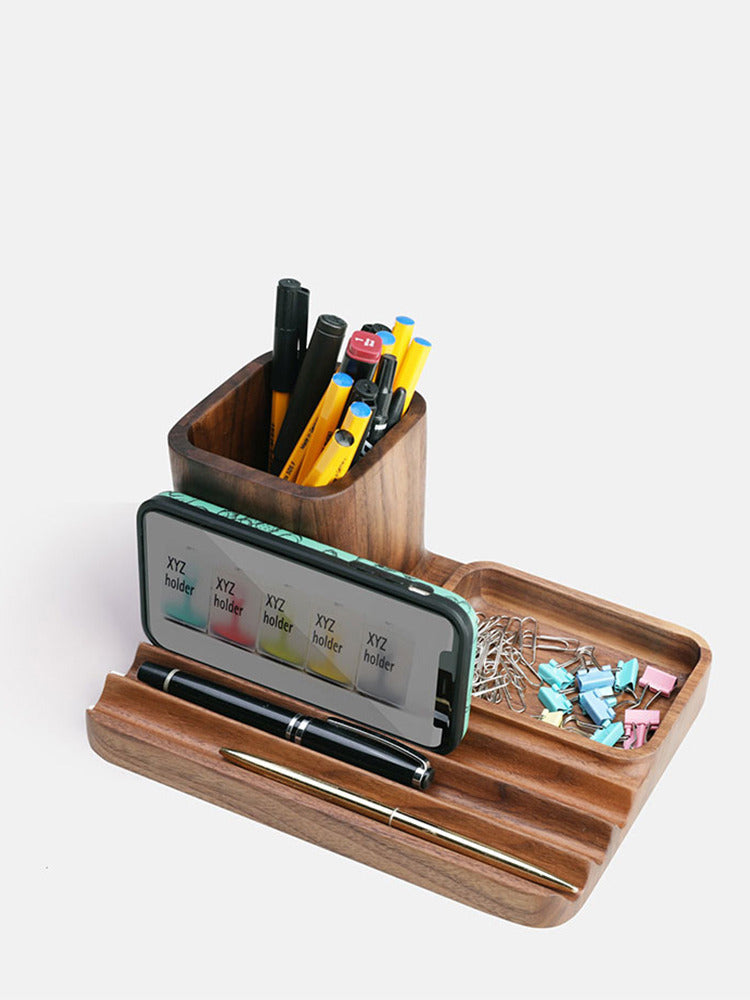 Multifunctional Office Desk Storage Wooden Pen Holder, Stationery Organizing-Homelova