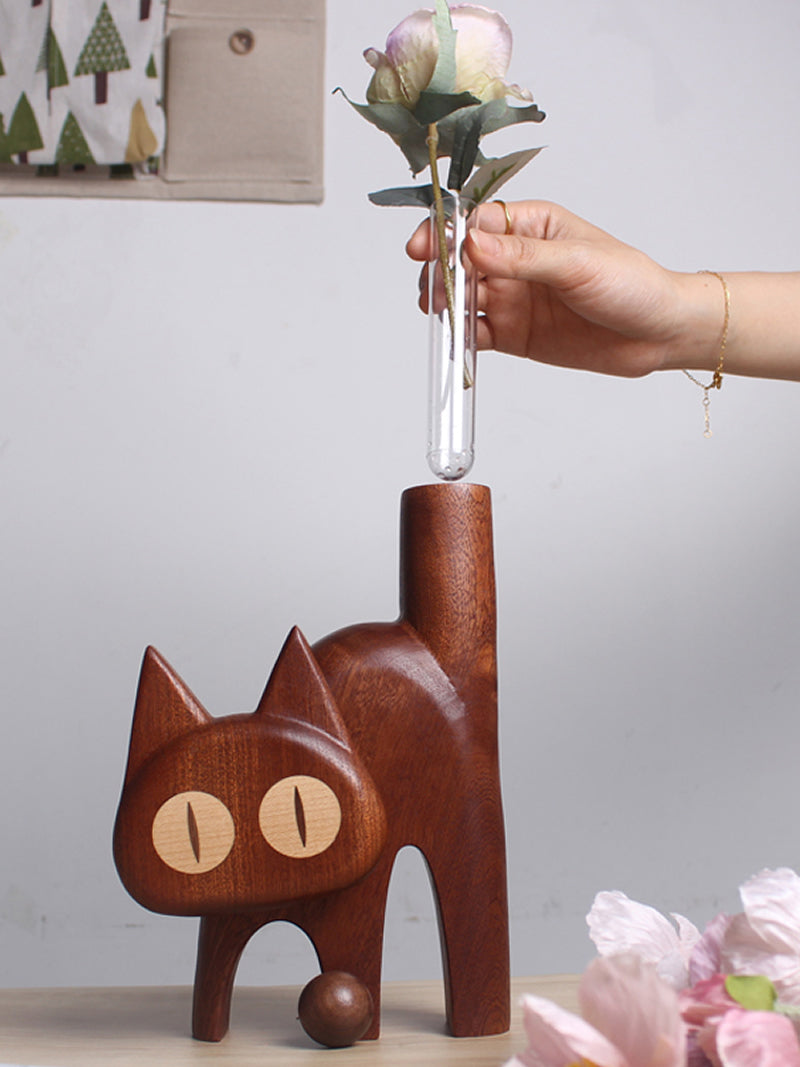 Funny Wooden Cat Flower Vase With Test Tube, Unique Desktop Decoration-Homelova