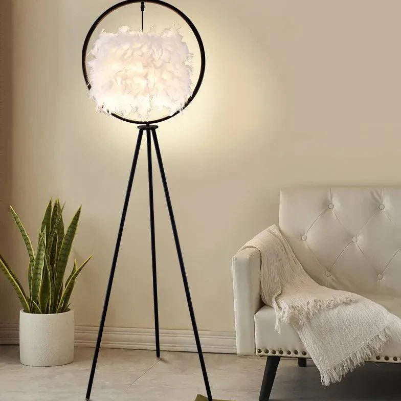 Black Circular Feather Tripod Floor Lamp-Homelova